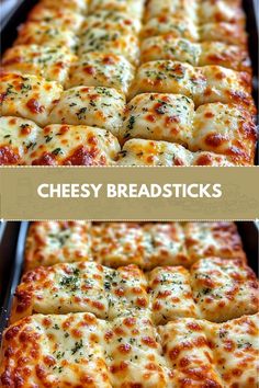 cheesy breadsticks in a baking pan with cheese and herbs on top