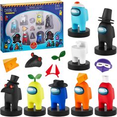 the toy figures are all different colors and shapes, including one with a top hat