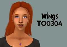 a woman with long red hair and blue eyes is wearing a necklace that reads wings too344