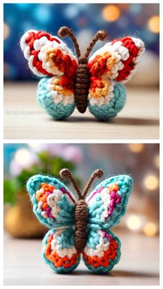 crocheted butterfly sitting on top of a table