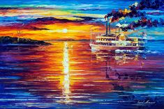 a painting of a boat on the water at sunset