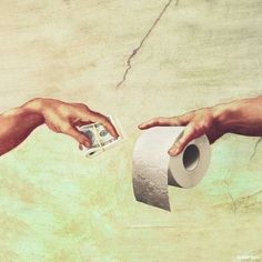 two hands reaching out to each other over a toilet paper roll with money in it