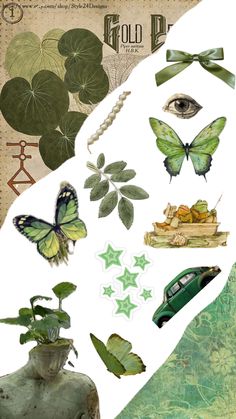 a collage of green and white images with butterflies, flowers, leaves, and other things