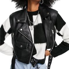 Topshop Crop Faux Leather Vest Size: Us 10 Color: Black Condition: New With Tags Black Leather Vest Outfit, Leather Jacket Winter Outfit, Sleeveless Leather Jacket, Leather Vest Outfit, Jacket Winter Outfit, Leather Jacket Winter, Fashion Advice Woman, Black Fur Vest, Leather Biker Vest