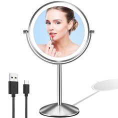 a woman's face is shown in the mirror and plugged into a charger