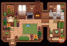 an overhead view of a house in the legend of zelda game, which features a kitchen and living room