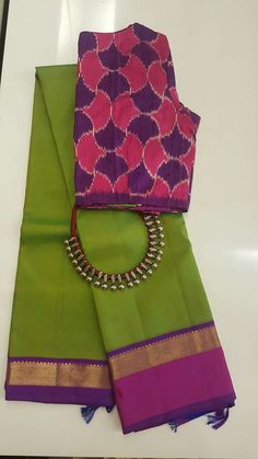 Green saree with purple blouse Purple Sarees, Kalamkari Blouse, Cotton Saree Blouse, Elegant Blouse Designs