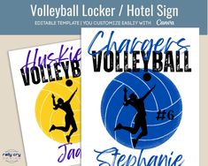 two volleyball posters with the words volleyball locker / hotel sign