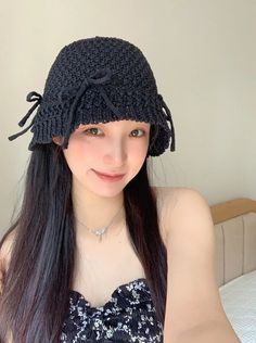 Black Bowknot Crochet Fisherman Hat | Nayeon - Twice - Fashion Chingu Trendy Black Crochet Hat, Adjustable Black Crochet Hat Trendy Style, Trendy Black Adjustable Crochet Hat, Trendy Adjustable Black Crochet Hat, Trendy Black Crochet Hat For Spring, Black Wide Brim Crochet Hat, Trendy One-size Crochet Hat, Casual Black Crochet Hat For Spring, Black Crochet Hat With Short Brim