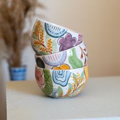 two colorful bowls sitting on top of a white counter next to a potted plant