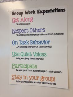 a group work expectations poster hanging on the wall in an office setting with colorful writing