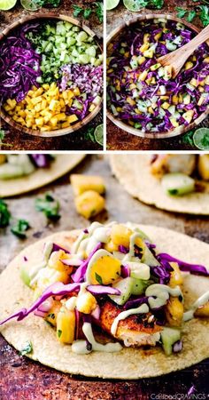 the process to make chicken tacos with coleslaw and mango salsa is shown