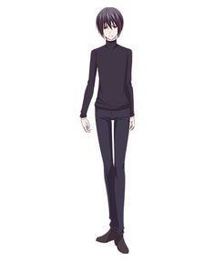 an anime character with black hair and dark clothes, standing in front of a white background