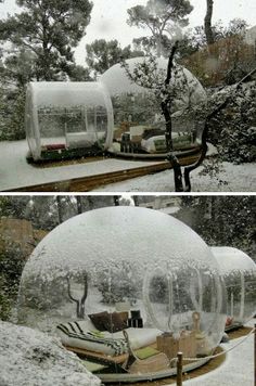 two pictures of snow covered houses in the middle of winter, with trees and benches