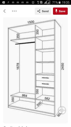 an image of a closet with measurements for the door and shelves on it, as well as