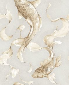 a painting of two fish in the water with white and gold paint on it's sides