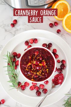 cranberry orange sauce in a white bowl on a plate