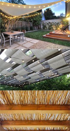 an outdoor patio with string lights and some chairs in the back yard, and another photo of