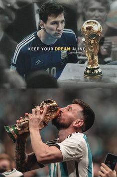 two different pictures one with a soccer player and the other has a trophy in his hand