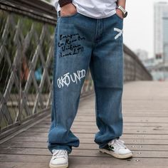 Baggy Denim Blue Hip Hop Bottoms, Oversized Hip Hop Denim Jeans, Hip Hop Denim Blue Streetwear Bottoms, Loose Baggy Jeans, Blue Pre-washed Jeans For Streetwear, Harajuku Jacket, Suit Fashion Men's, Print Pant, Polo Suits