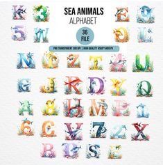 the sea animals alphabet is shown with different letters