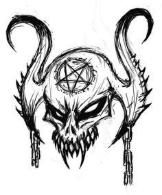 a black and white drawing of a demon skull with horns on it's head