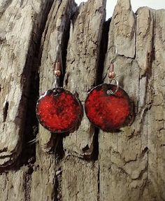 Red Hand Painted Drop Earrings, Red Hand-painted Dangle Earrings, Red Hand Painted Dangle Earrings, Red Hand Painted Earrings For Gift, Red Enamel Round Earrings, Red Round Enamel Earrings, Red Round Jewelry With Black Enamel, Vintage Red Copper Earrings, Red Hand-painted Dangle Jewelry