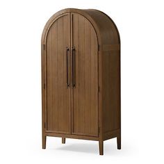 a wooden cabinet with an arched door on the top and bottom, against a white background