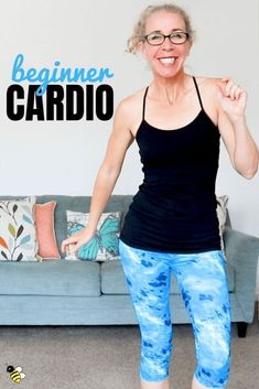 a woman standing in front of a couch with the words beginner cardio on it