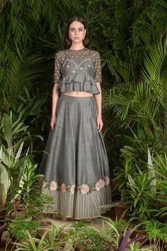 Shop for Sahil Kochhar Grey Peplum Top And Lehenga Set for Women Online at Aza Fashions Anarkali Dress With Ruffles And Peplum Design, Anarkali Dresses With Ruffles And Peplum, Traditional Dress With Resham Embroidery And Tiered Skirt, Designer Anarkali Dress With Tiered Skirt, Festive Flared Skirt Dress For Reception, Traditional Lehenga With Resham Embroidery And Tiered Skirt, Festive Anarkali Dress With Tiered Skirt, Designer Traditional Tiered Lehenga, Diwali Sharara With Zari Work And Tiered Skirt