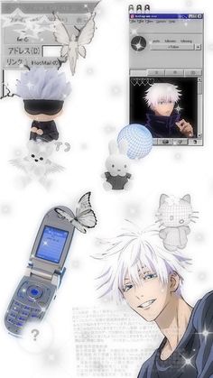 an anime character with white hair and blue eyes holding a cell phone in his hand