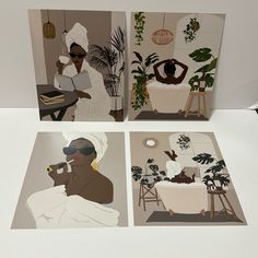 three cards with images of women in bathtub and plants on the wall behind them