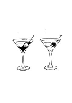 two martini glasses with olives in them on a white background, black and white drawing