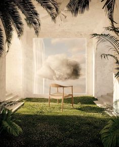 a chair sitting in the middle of a room filled with palm trees and clouds above it