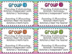 four classroom calendars with the words group 4 and groups 6 on each one side