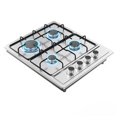 a gas stove with four burners and three knobs on the top, in front of a white background