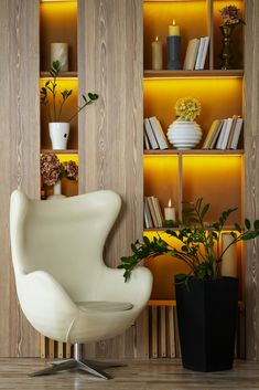 a white egg chair sitting in front of a book shelf filled with books and plants