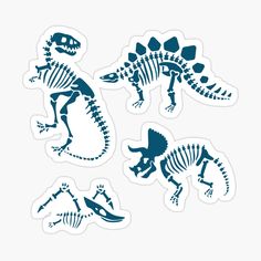 three dinosaur stickers in blue and white on a white background, with the silhouettes of two dinosaurs facing each other