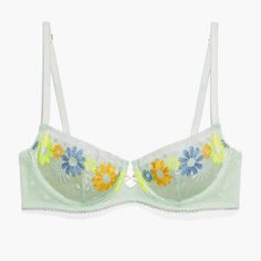 Size: 36b Green Mist Polka Dot Free Spirit Floral Embroidered Unlined Balconette Bra Is Made From A Sheer Mesh Fabric And Features A Colorful, Retro Embroidery With Custom Savage X Trim And A Crisscross Cutout Accent In Front. Unlined Balconette Bra Underwire Straight Neckline With Seamless, Heat-Bonded Finish Retro Daisy Embroidery With Savage X Fenty Script At Edge Point D'esprit Embroidery Mesh Crisscross Cutout At Front Adjustable Straps Rose Gold-Tone Hardware Hook-And-Eye Back Closure Cup: 100% Polyester; Body: 80% Polyamide, 20% Elastane; Lining: 74% Polyamide, 26% Elastane; Cup Lining: 100% Polyamide Sheer Lace Summer Bra, Delicate Lace Underwire Bra For Summer, Spring Sheer Fitted Bra, Summer Lace Bra With Padded Cups, Green Fitted Lace Bra, Summer Lace Underwire Bra, Sheer Party Bra For Spring, Sheer Bra For Party In Spring, Spring Delicate Lace Fitted Bra