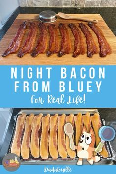 bacon is being cooked on a grill with the words night bacon from bluey for real like