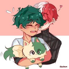 two people with green hair hugging each other and one has a cat on his chest