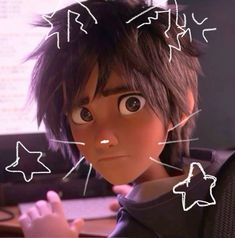 an animated image of a boy with stars and arrows above his head