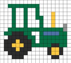 a green and yellow tractor is shown in the middle of a cross - stitch pattern