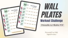 the workout challenge worksheet is displayed on two large screens, with text reading wall plates workout challenge printable and fillable