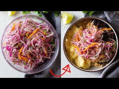 two bowls filled with food next to each other