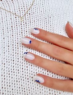 Gel Nails Ideas Short Blue And White, White And Blue Simple Nails, Short Nail White Designs, Short White And Blue Nails, Short Nails Blue And White, White And Blue Nails Short, Light Blue Winter Nail Designs, Classic Nail Ideas, Minimal Nails Art