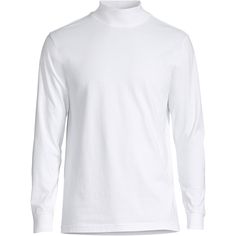 The world is full of tops and tees but they can’t match this classic mock turtleneck from Lands’ End. The high-quality breathable cotton resists wrinkles fading and even stains. This innovative knit is substantial so you can wear it on its own and feel confident or if you prefer as a layering piece. The mock has nicely finished rib-knit cuffs and collar with a dash of spandex so they spring back to shape. Best of all you’ll love the way it fits. You’ll quickly find it becomes a wardrobe staple y Casual Cotton Turtleneck In Solid Color, Casual Solid Cotton Turtleneck, Casual White Turtleneck T-shirt, White High Neck Cotton Top, Classic Cotton Long Sleeve Turtleneck, Classic Long Sleeve Cotton Turtleneck, Classic Funnel Neck Top With Relaxed Fit, Sporty White Turtleneck Top, High Neck Cotton Top With Ribbed Collar