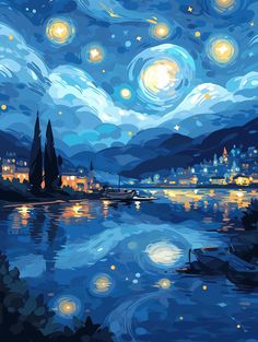 a painting of a night scene with stars and the moon in the sky over water