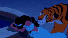 an animated image of a tiger and a woman looking at each other in the water