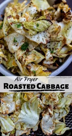 roasted cabbage with parmesan cheese and herbs in a white bowl on a black surface